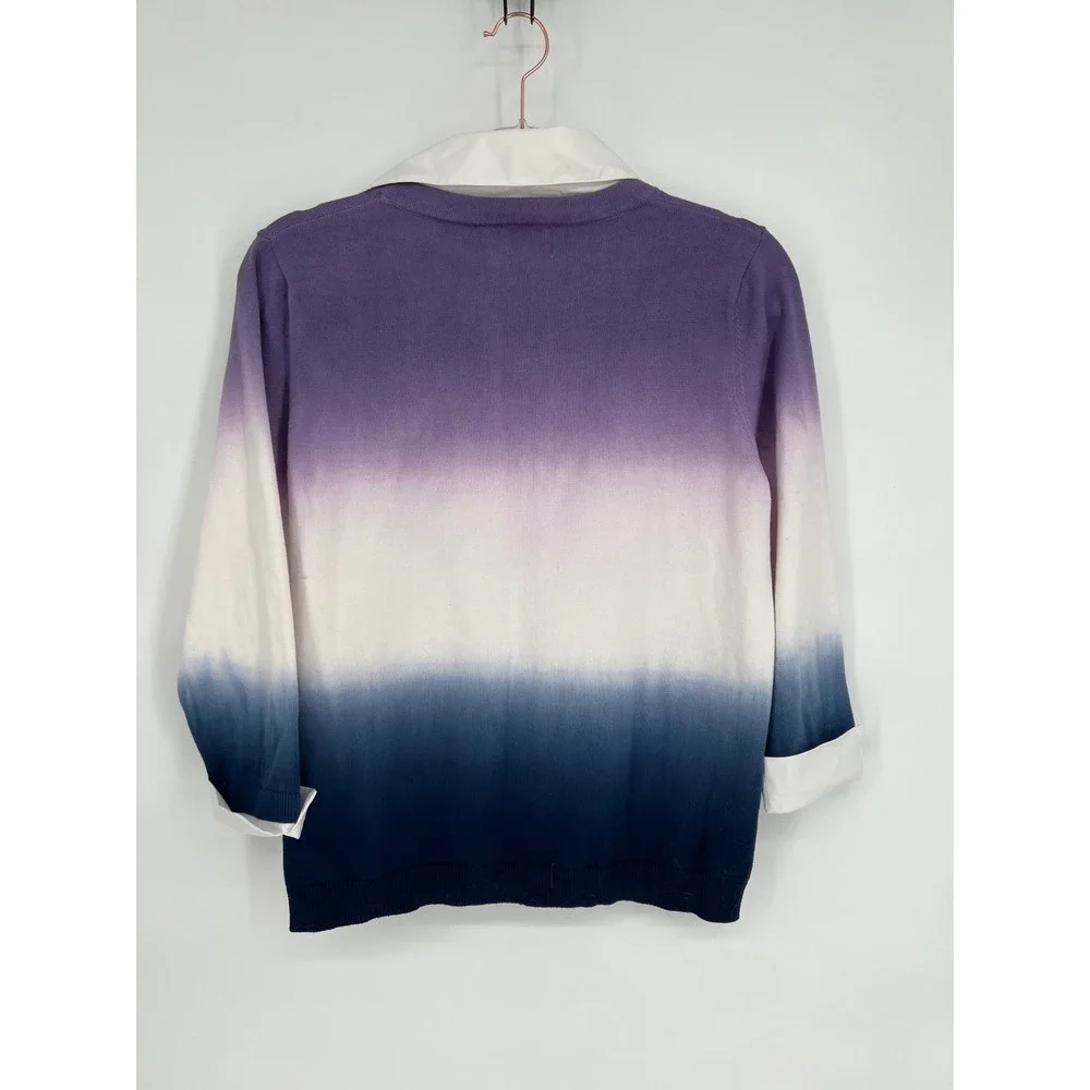 Alfred Dunner Purple Ombre Cardigan Sweater Button Up White Collared Petite PM‎